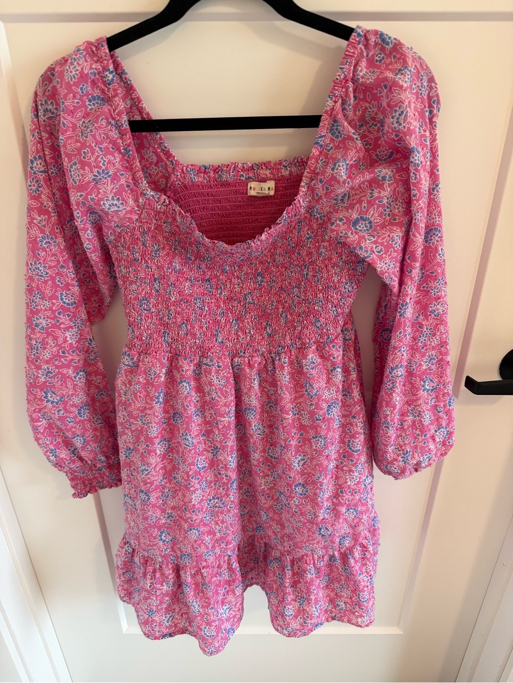 Roller Rabbit Pink Blue Floral Smocked Mini Dress Puff Sleeve M